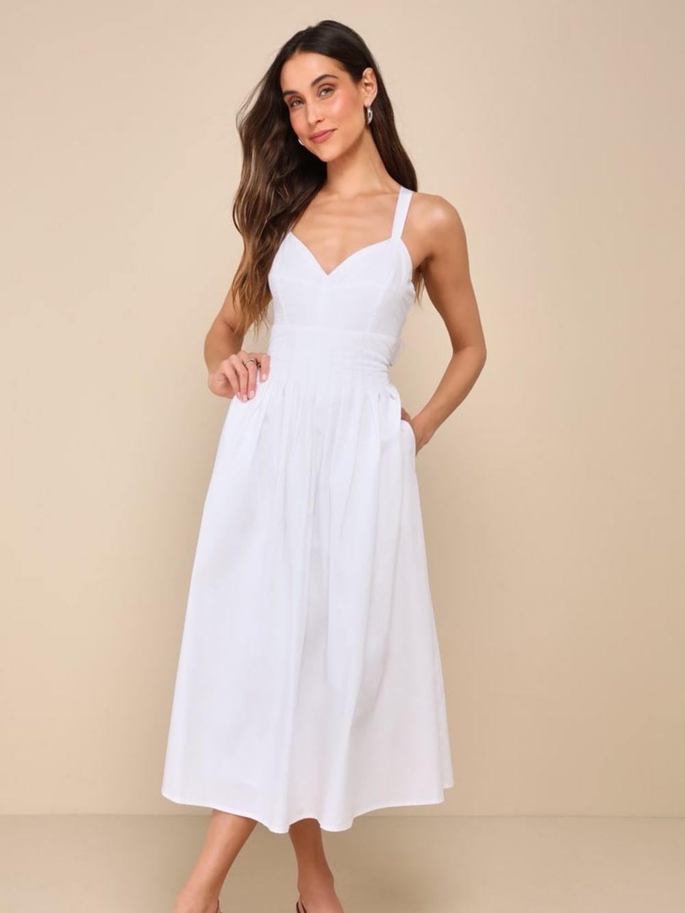 NWT Lulus Strolling Sicily White Pleated Backless Midi Dress With Pockets